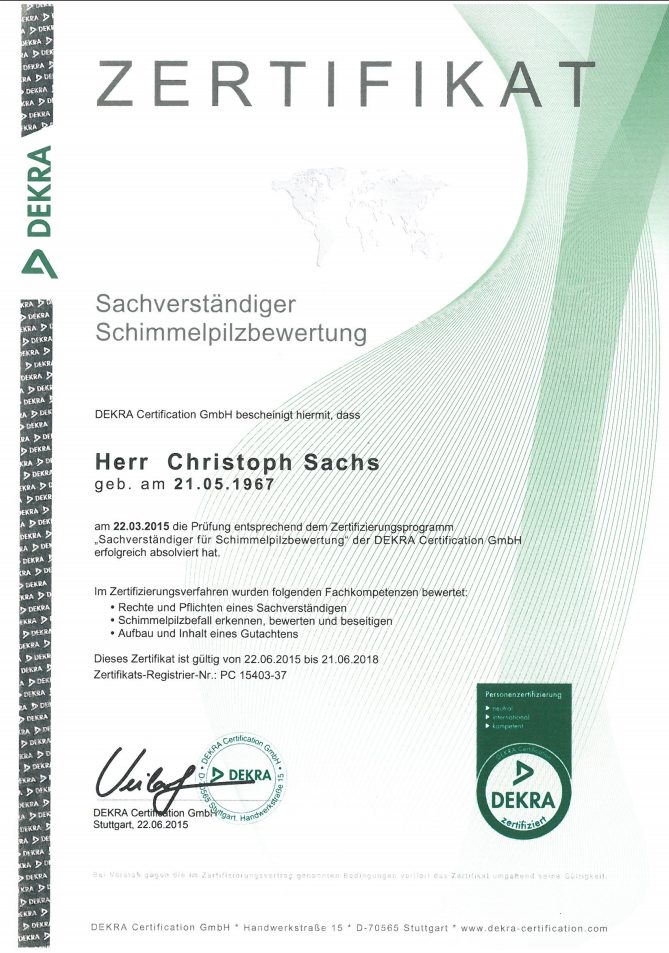 Zertifikat Sachverständiger für Schimmelpilzbewertung